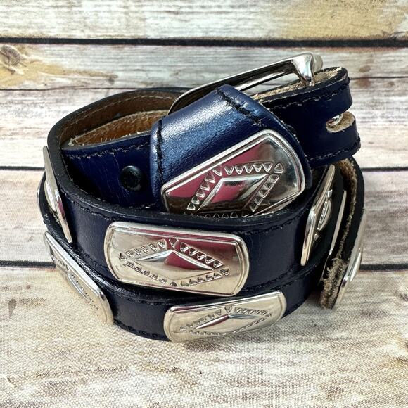 Vintage Blue Leather Silver Concho Western Southwestern Belt 30/75 - Picture 1 of 10